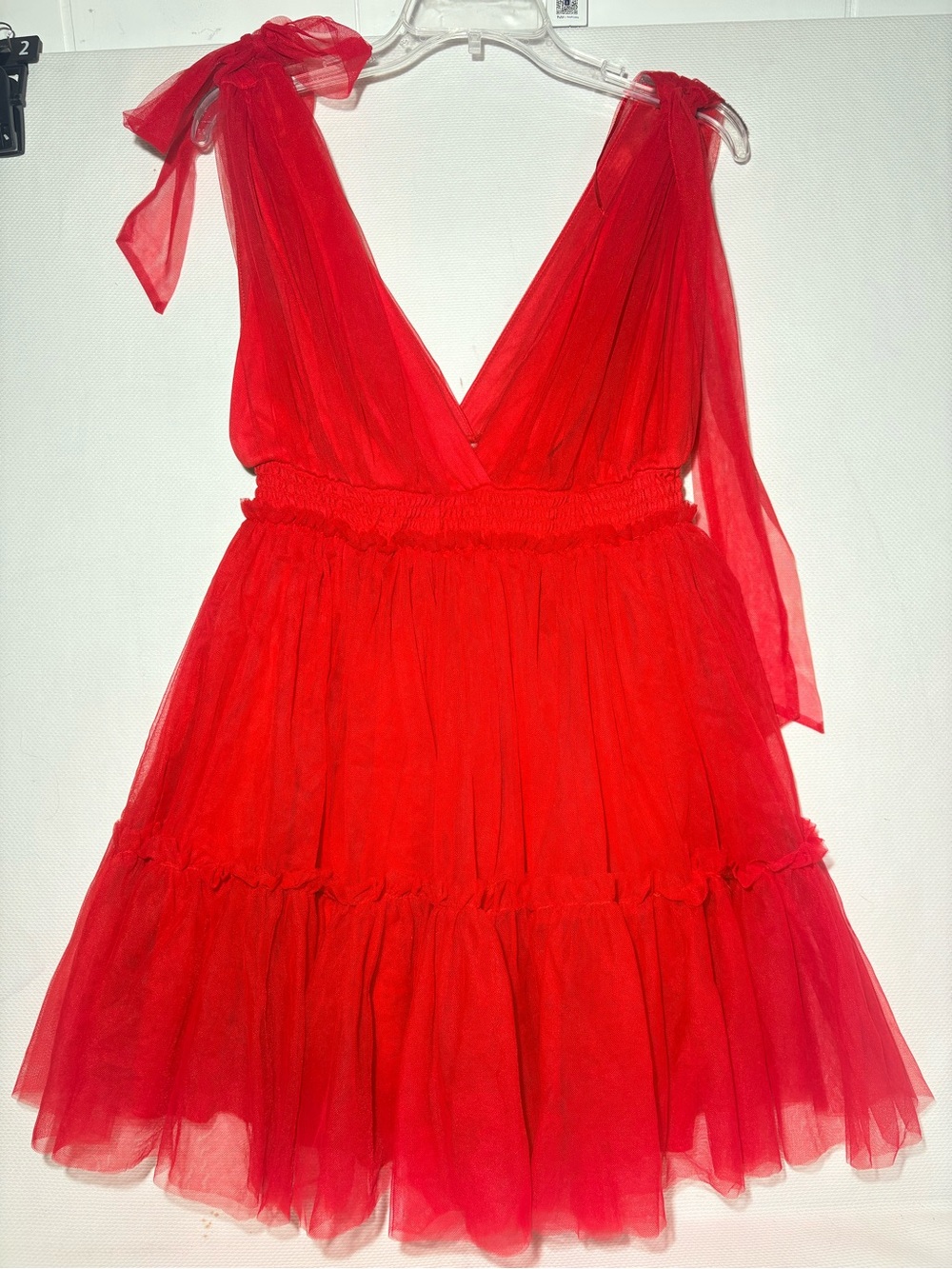 Red V-Neck Tulle Mini Dress with Tie Shoulders